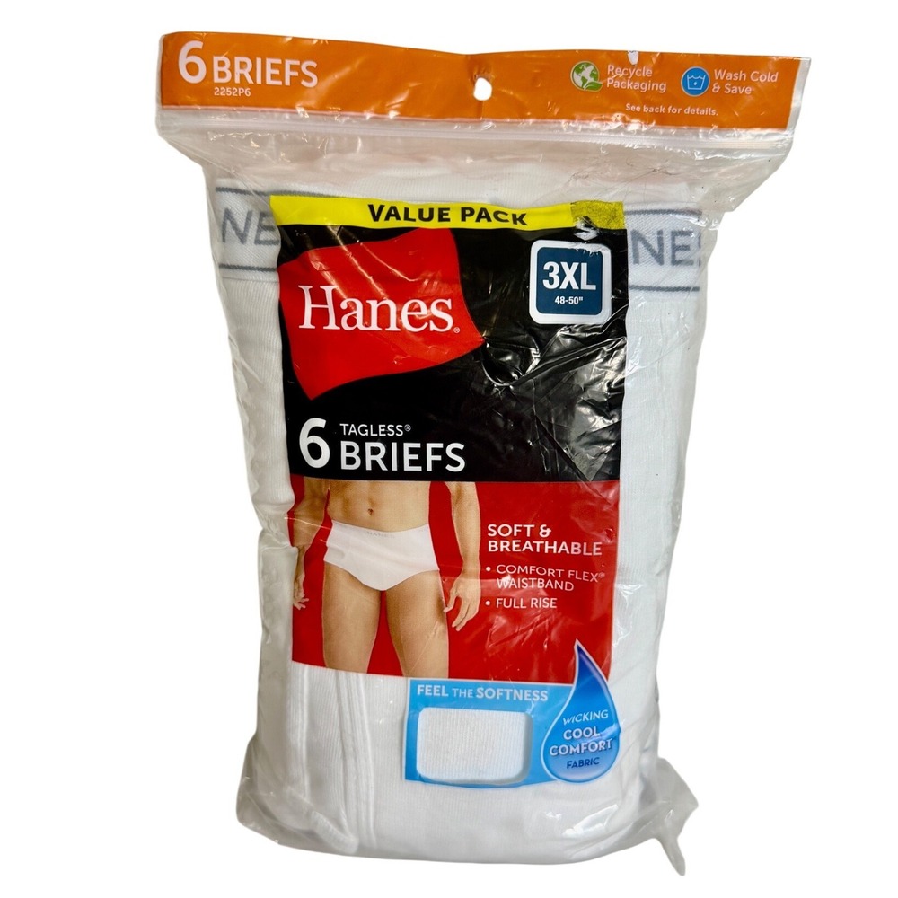 Hanes Mens 6 Pack Tagless Briefs White Cotton Comfort Flex‎ Waistband 3XL 48-50
